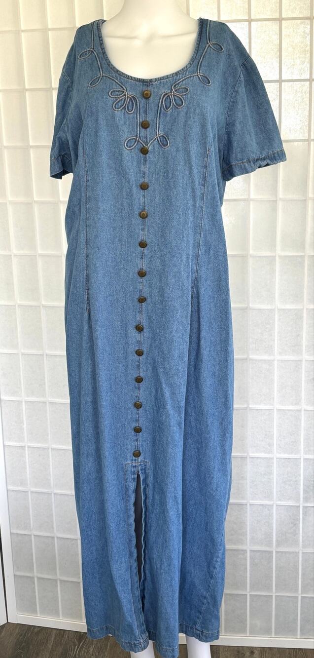 Vintage Tickets Denim Maxi Dress 18T  Embroidered Cottagecore Prairie USA
